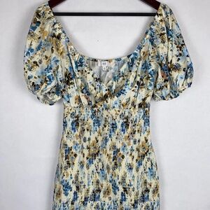 NWOT NSR Puff Sleeve Smocked Butter Cream Blue Gold Floral Mini Dress Small NEW